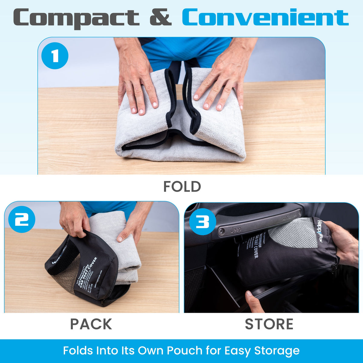 Happeseat cover being folded, packed into its pouch, and stored in a car