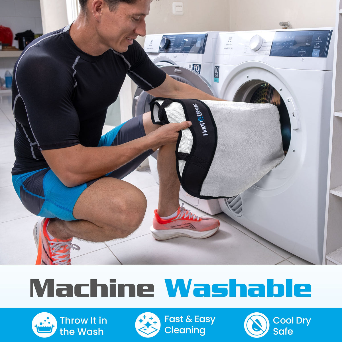 Person placing a silver Happeseat cover into a washing machine