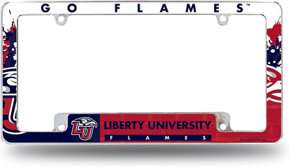 Liberty University Flames Metal License Plate Frame Chrome Tag Cover All Over Design 6x12 Inch