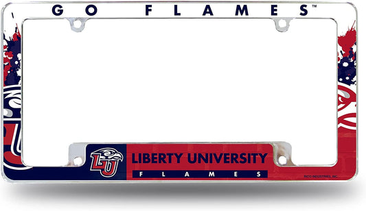 Liberty University Flames Metal License Plate Frame Chrome Tag Cover All Over Design 6x12 Inch