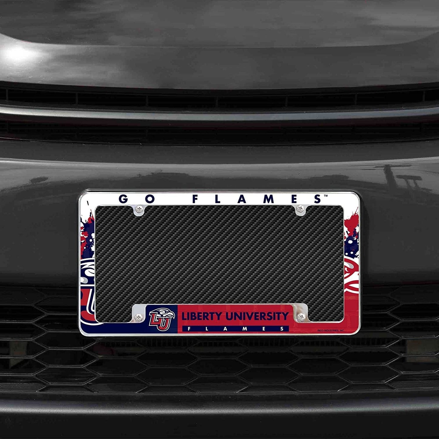 Liberty University Flames Metal License Plate Frame Chrome Tag Cover All Over Design 6x12 Inch