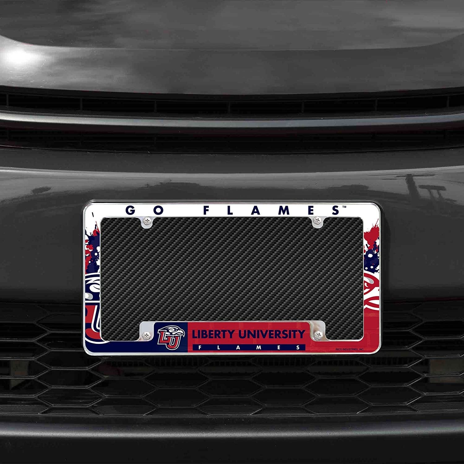 Liberty University Flames Metal License Plate Frame Chrome Tag Cover All Over Design 6x12 Inch