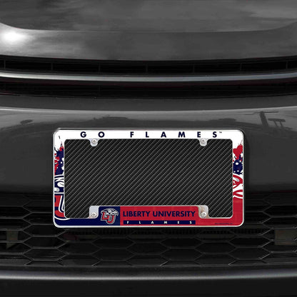 Liberty University Flames Metal License Plate Frame Chrome Tag Cover All Over Design 6x12 Inch