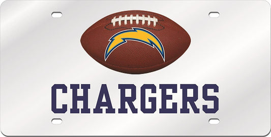 Los Angeles Chargers Premium Laser Tag License Plate, Mirrored Acrylic, Football Cut Out Design, 6x12 Inch