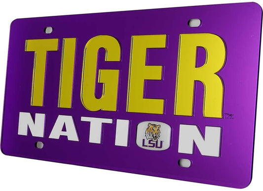 Louisiana State University Tigers LSU Premium Laser Cut Tag License Plate, Nation Design, Mirrored Acrylic Inlaid, 6x12 Inch