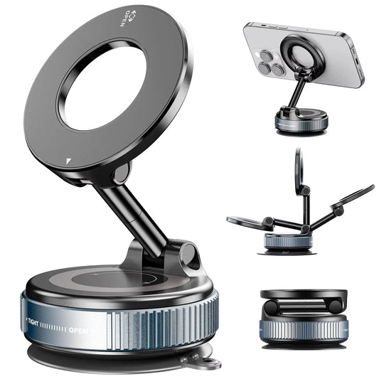 Multi-functional phone stand and ring light with various attachments on a white background