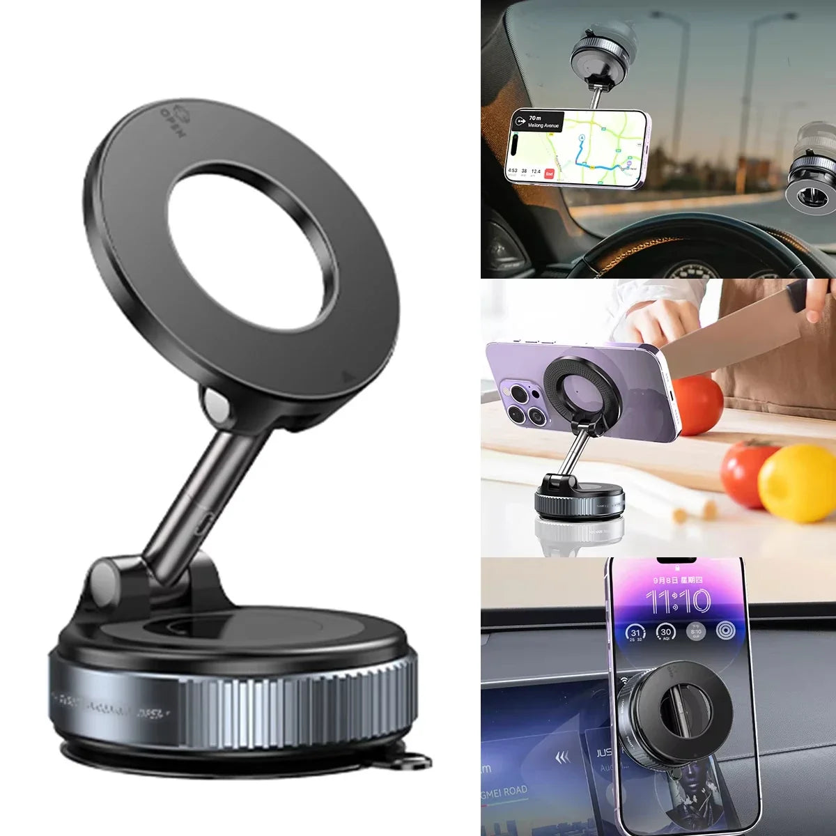 Black phone holder with various usage scenarios on a white background