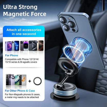 Phone holder with magnetic force feature attached to a car dashboard