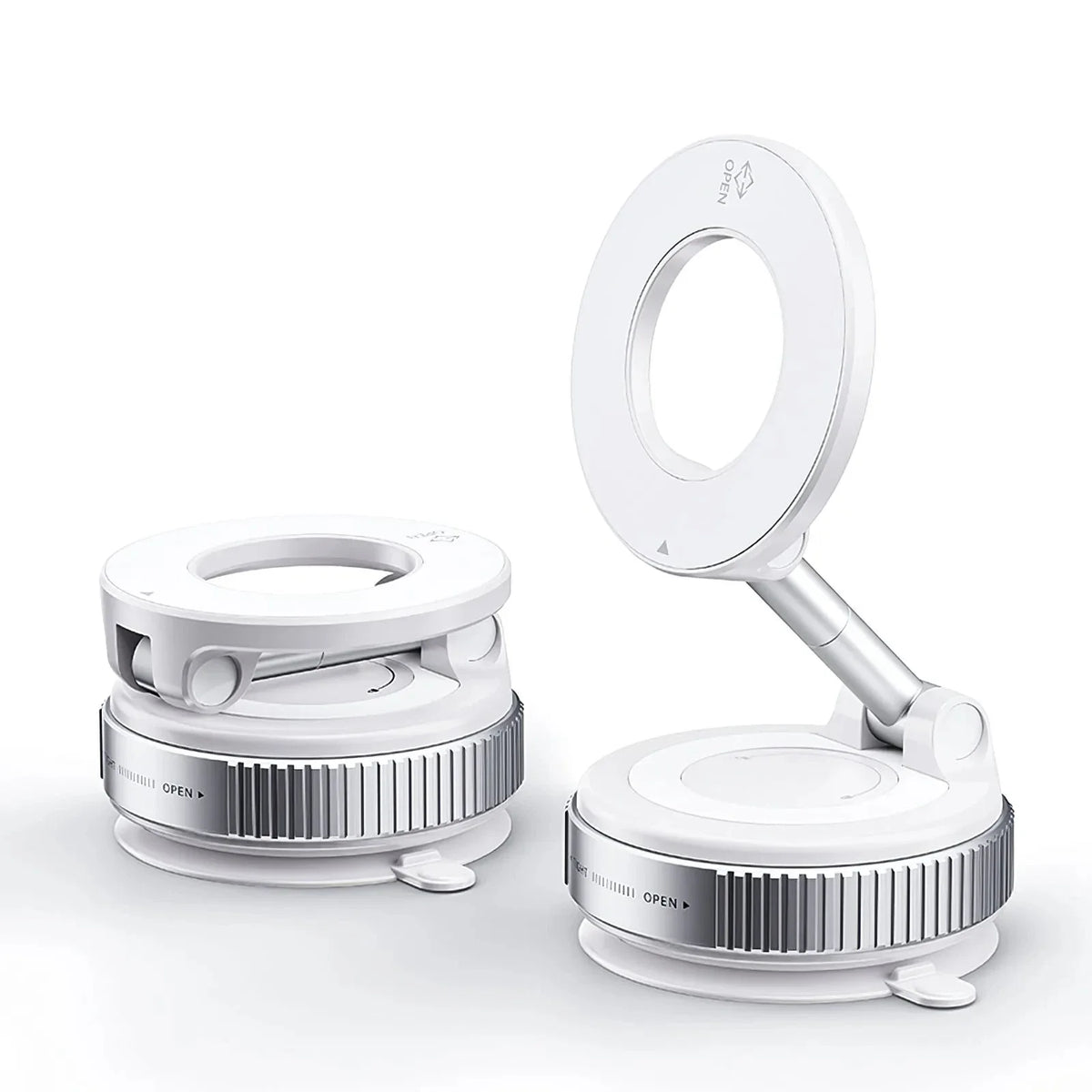 Two white and silver magnetic magnifying glasses with built-in LED ring lights, shown in both folded and open positions on a clean white background.