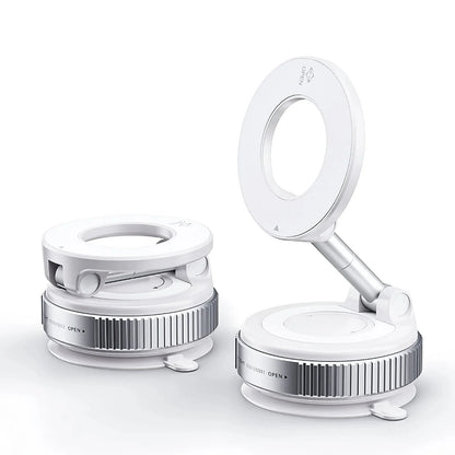 Two white and silver magnetic magnifying glasses with built-in LED ring lights, shown in both folded and open positions on a clean white background.