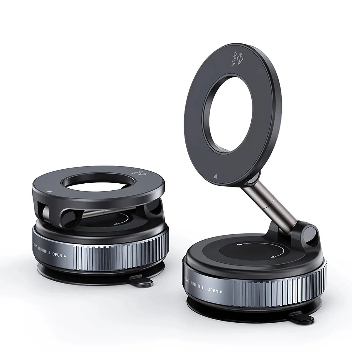 Two black magnifying lenses with adjustable rings, one shown closed and the other open and propped up, on a clean white background.