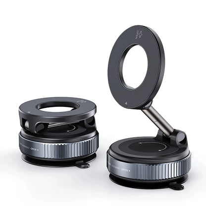 Two black magnifying lenses with adjustable rings, one shown closed and the other open and propped up, on a clean white background.