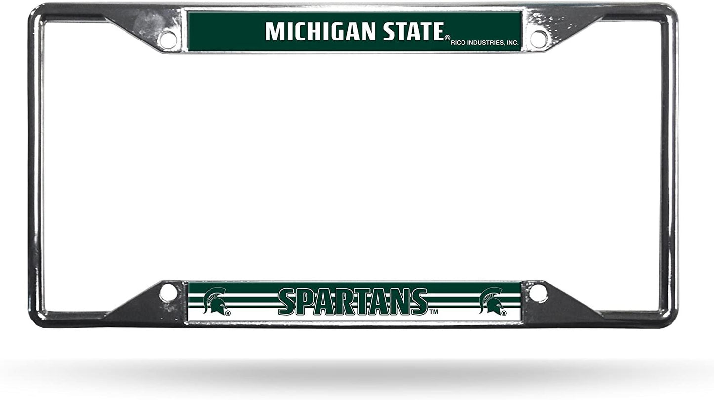 Michigan State University Spartans Metal License Plate Frame Chrome Tag Cover, EZ View Design, 12x6 Inch