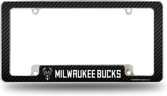 Milwaukee Bucks Metal License Plate Frame Chrome Tag Cover Carbon Fiber Design 6x12 Inch