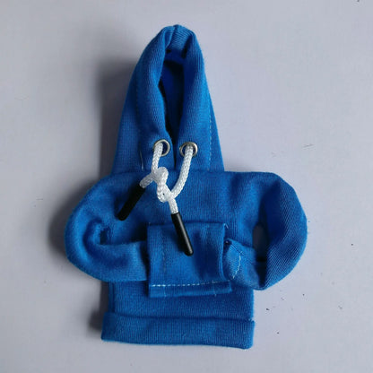 Blue hoodie with white drawstrings on a light gray background