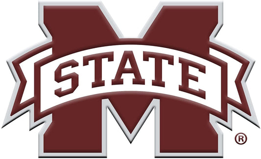 Mississippi State University Bulldogs Premium Solid Metal Raised Auto Emblem, Team Color, Shape Cut, Adhesive Backing