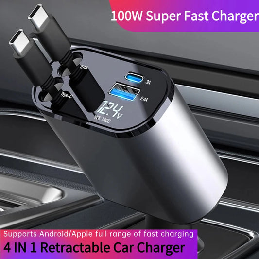 Multi-Function 4-in-1 Retractable Car Phone Charger