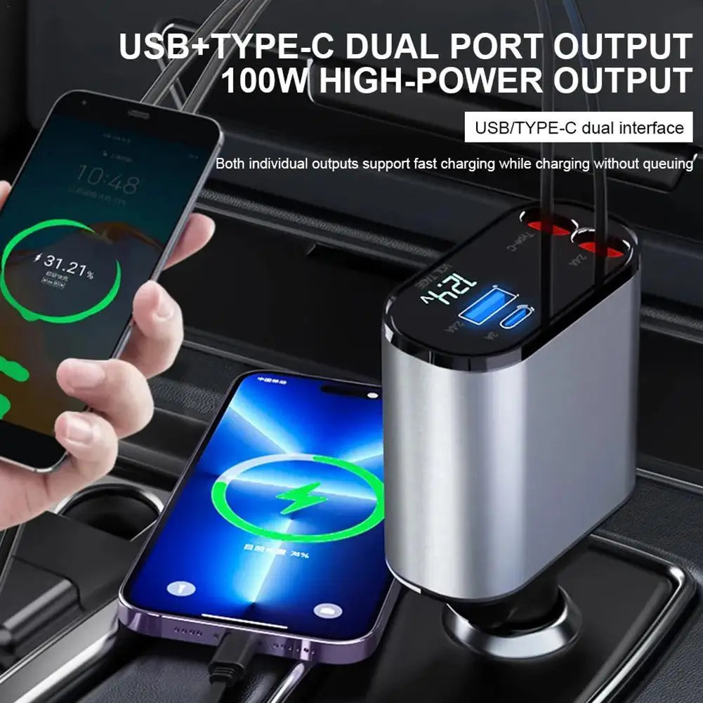 Multi-Function 4-in-1 Retractable Car Phone Charger