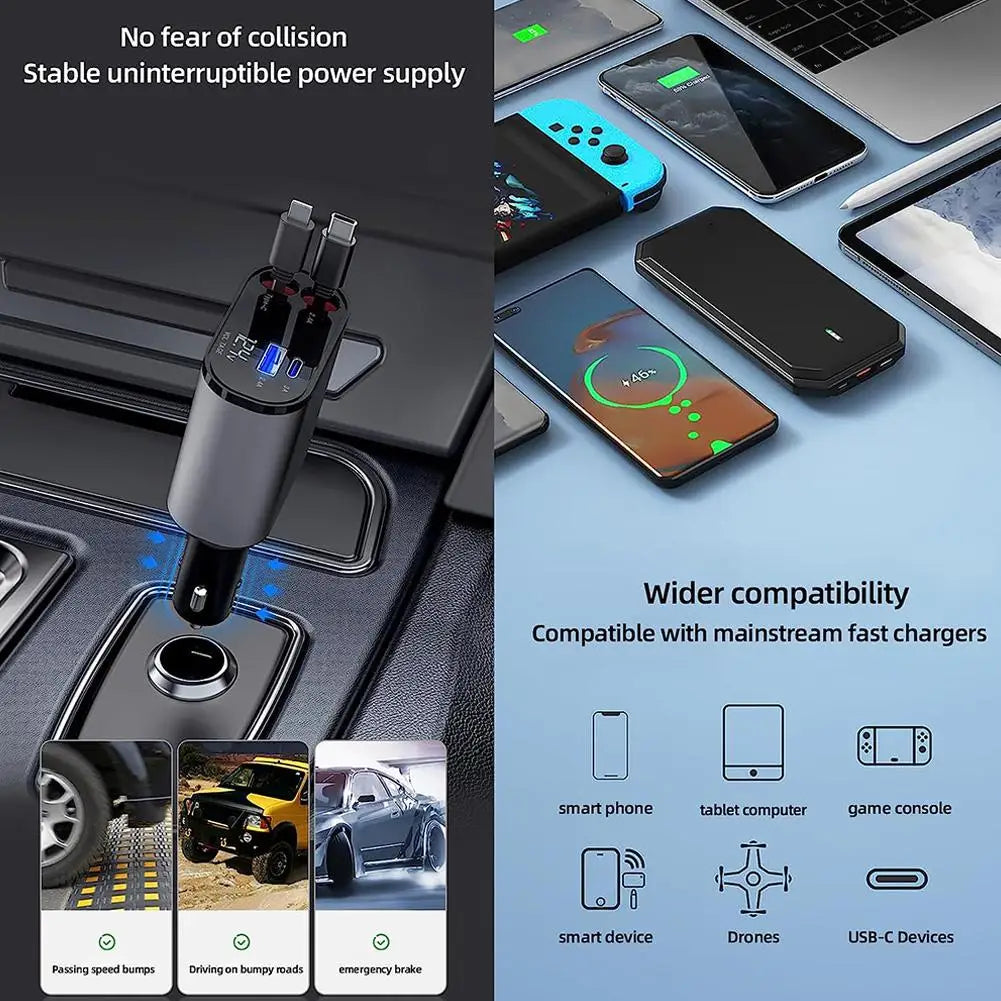 Multi-Function 4-in-1 Retractable Car Phone Charger