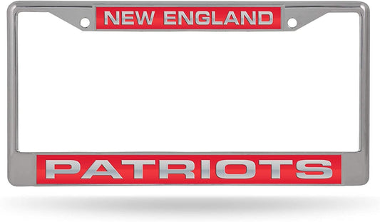 New England Patriots Metal License Plate Frame Chrome Tag Cover, Laser Acrylic Mirrored Inserts, 12x6 Inch