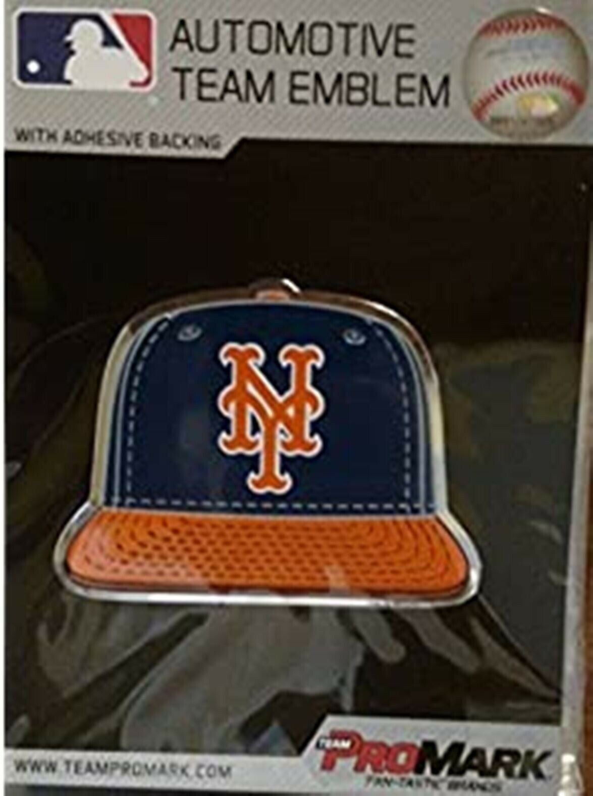 New York Mets Baseball Cap Auto Emblem, Aluminum Metal, Embossed Team Color, Raised Decal Sticker, Full Adhesive Backing