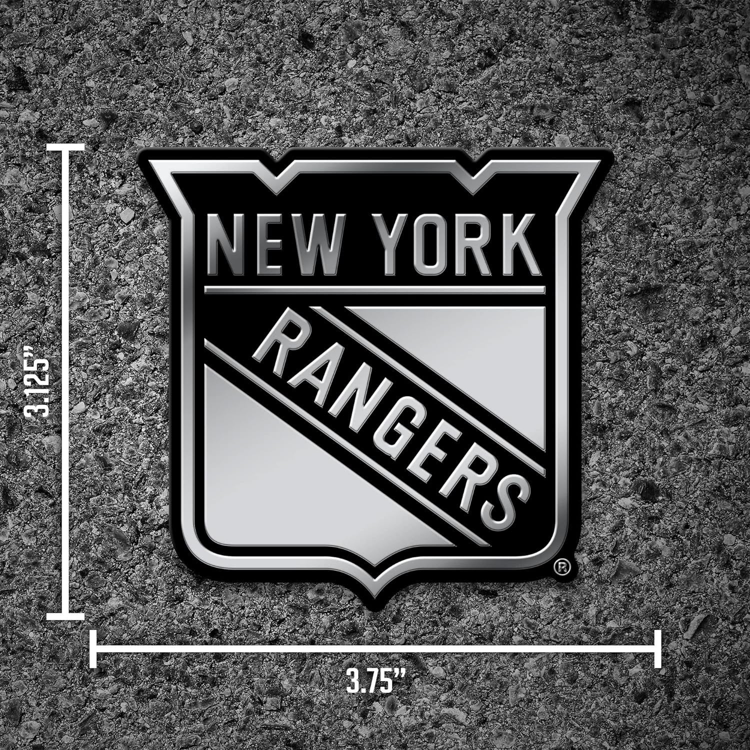 New York Rangers Auto Emblem, Silver Chrome Color, Raised Molded Plastic, 3.5 Inch, Adhesive Tape Backing