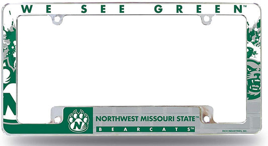 Northwestern Missouri State Bearcats License Plate Frame EZ View All Over Design Heavy Gauge Metal Chrome Tag Cover University