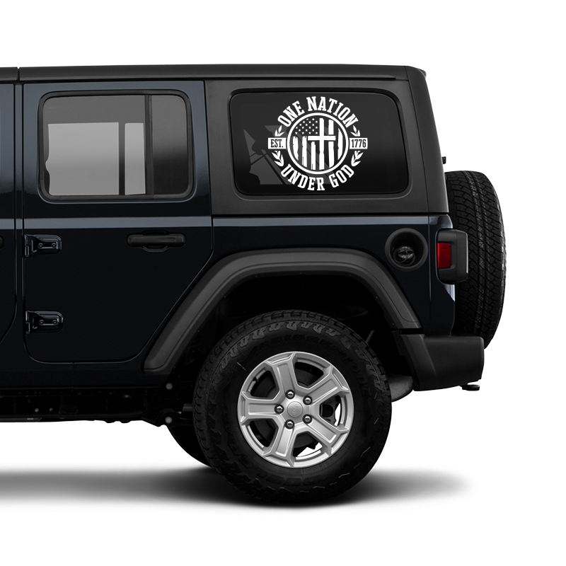 One Nation Cross Rear Window Jeep Graphics – Die-Cut Christian Decal Set (2-Piece, Model-Specific Fit)