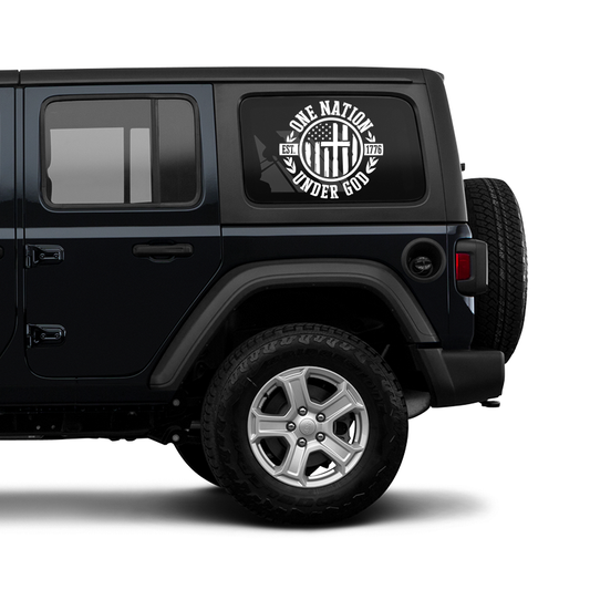 One Nation Cross Rear Window Jeep Graphics – Die-Cut Christian Decal Set (2-Piece, Model-Specific Fit)