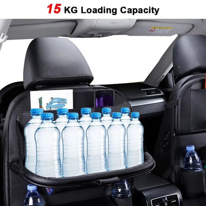 Car organizer with water bottles showing 15 KG loading capacity.