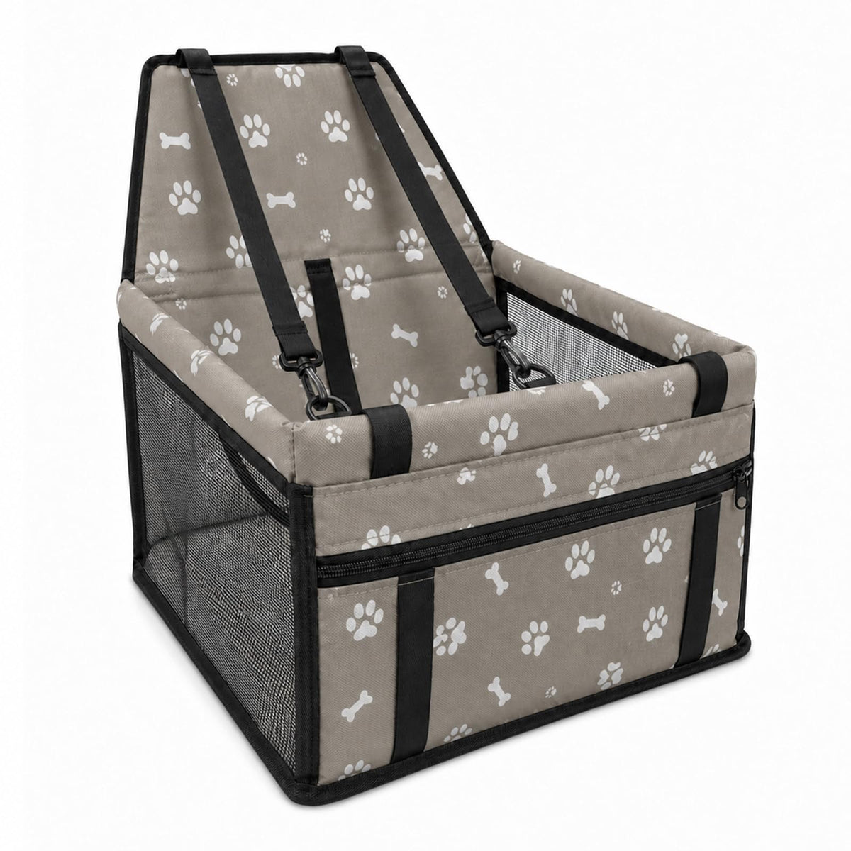 Gray paw print dog car booster seat with mesh sides and straps