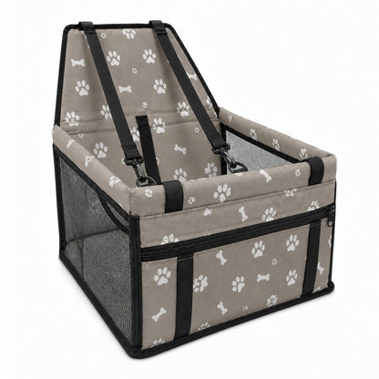 Gray paw print dog car booster seat with mesh sides and straps