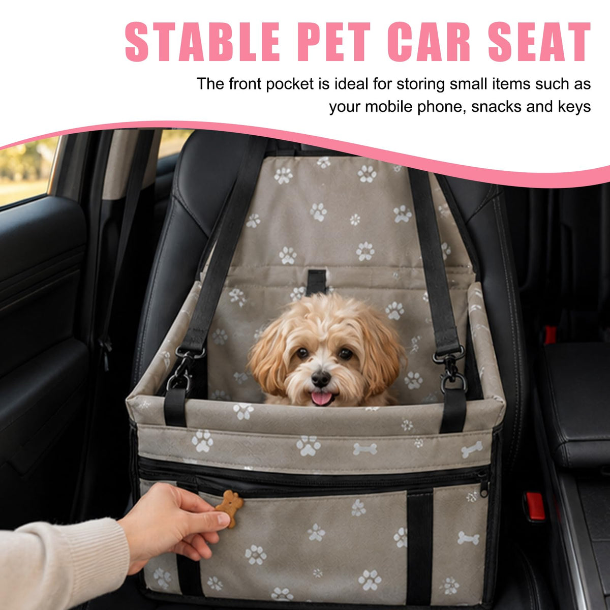 Small dog in the paw print booster seat receiving a treat, with front pocket