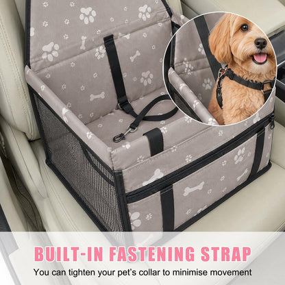 Built-in fastening strap in the booster seat with an inset of a dog in a harness