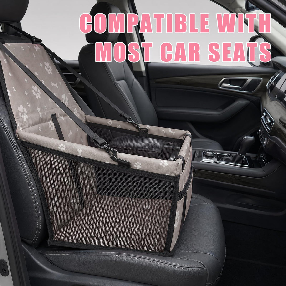 Paw print dog booster seat installed on a car seat
