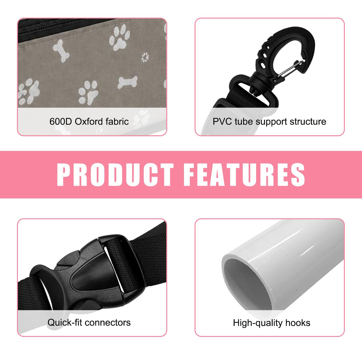 Feature close-ups: 600D Oxford fabric, PVC tube frame, quick-fit connector and hook