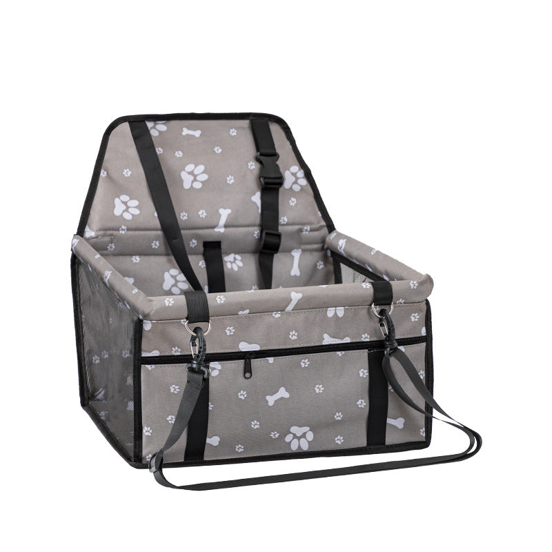 Gray paw print dog car booster seat, angled view