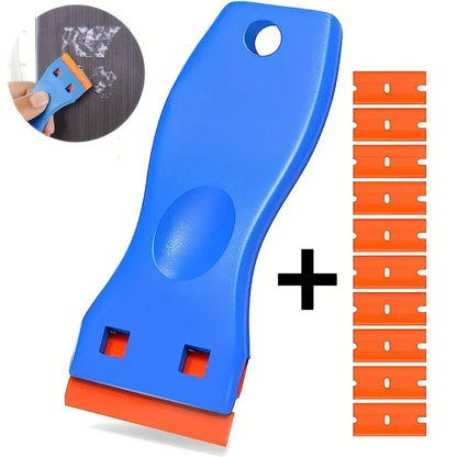 Blue and orange scraper tool with additional orange blades on a white background