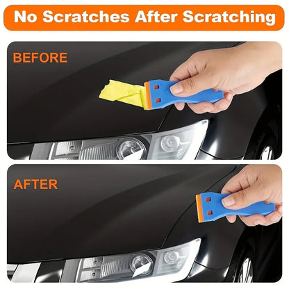 Car scratch removal tool before and after use on a car's headlight.