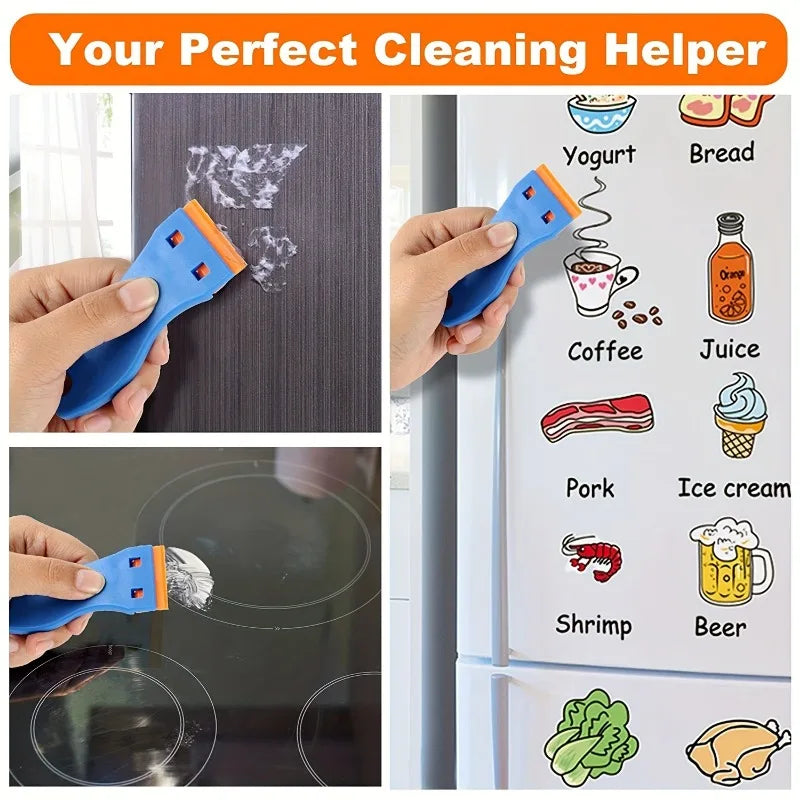 Cleaning tool being used on a blackboard, stove top, and refrigerator with magnets.