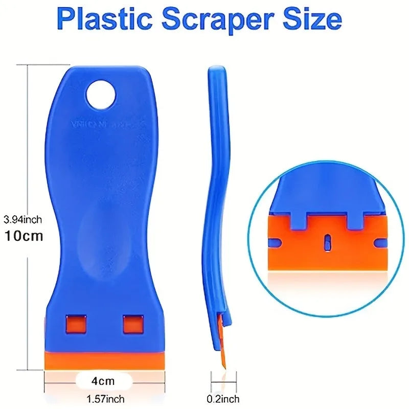 Blue plastic scraper with measurements and close-up inset on a white background