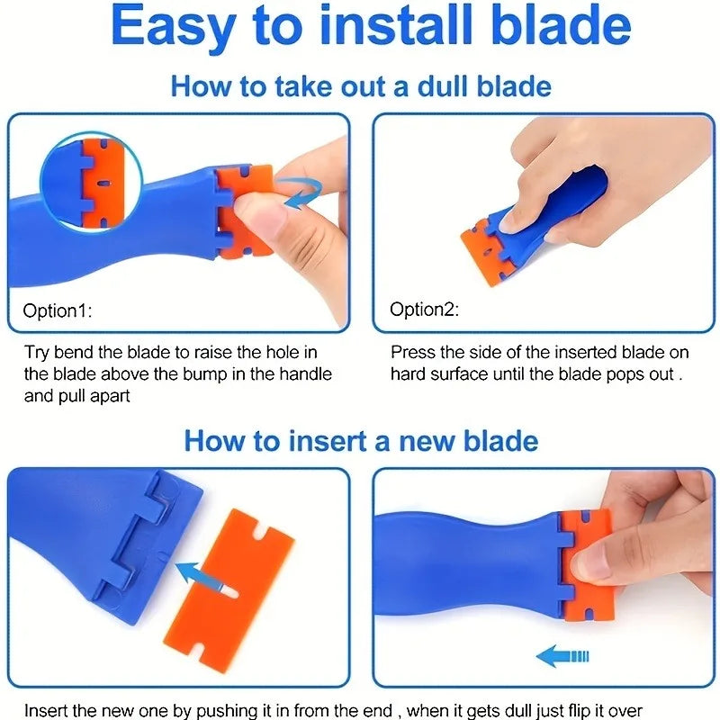 Instructions on how to install and remove a blade from a blue tool with orange accents.