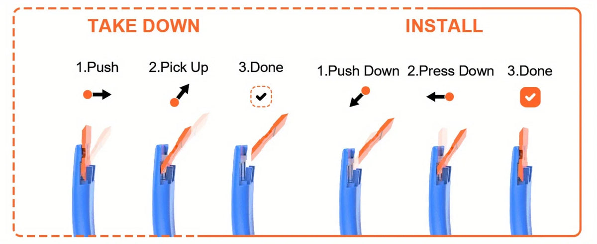 Step-by-step guide on how to take down and install a cable with visual illustrations.