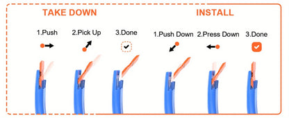 Step-by-step guide on how to take down and install a cable with visual illustrations.