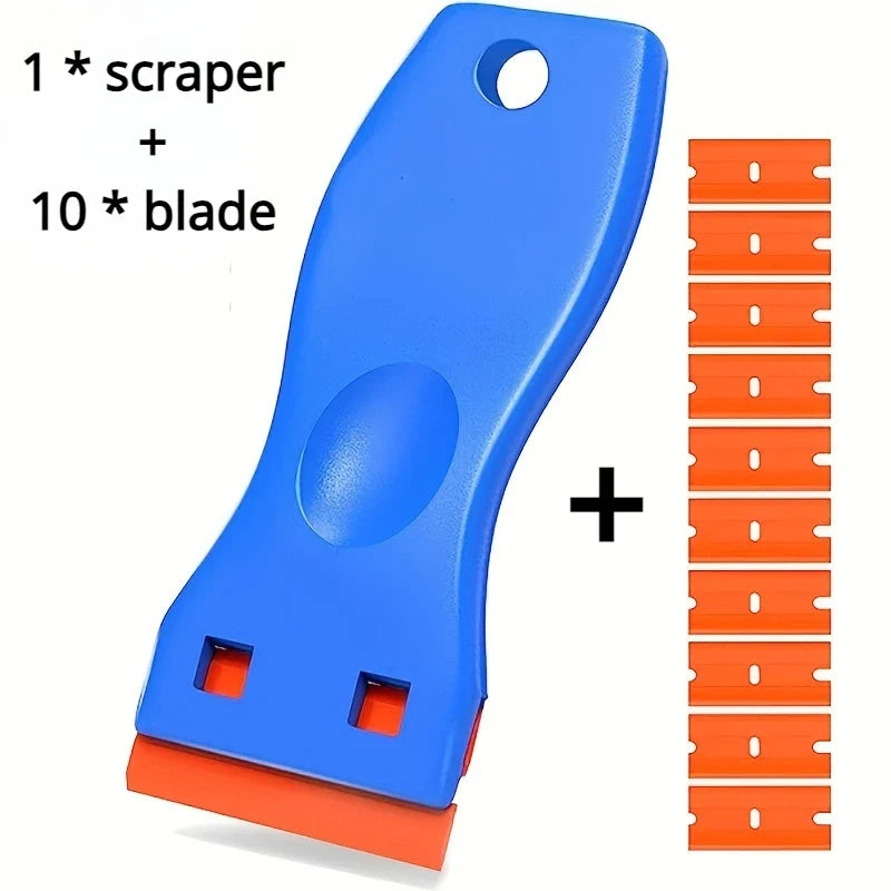 Blue and orange scraper with 10 blades on a white background