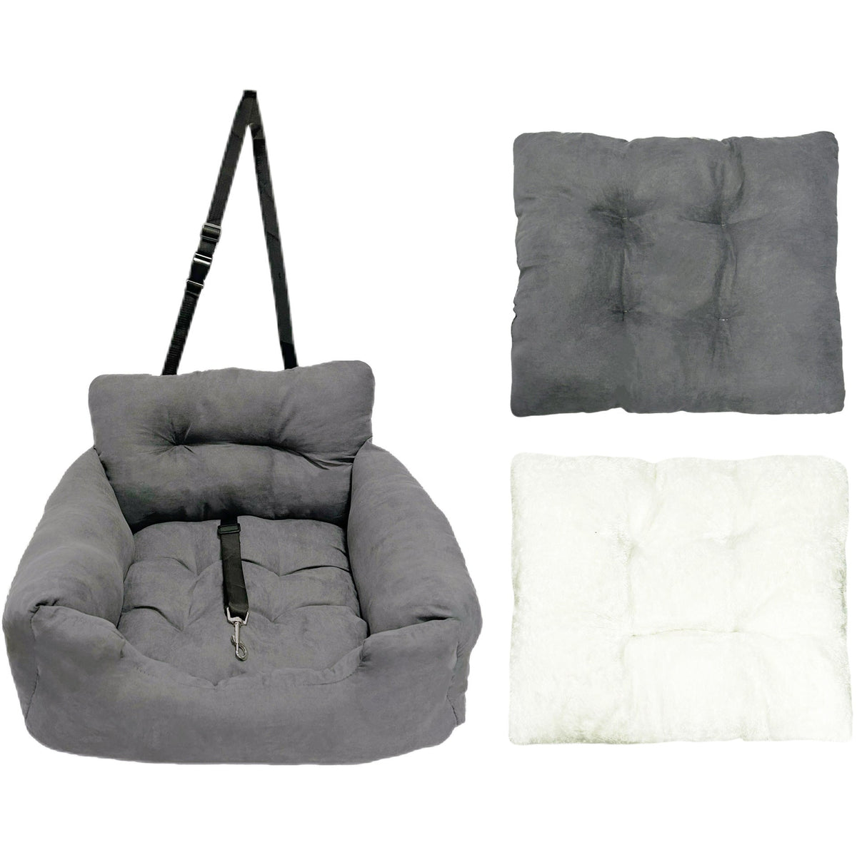 Gray plush dog car seat bed with gray and white cushions
