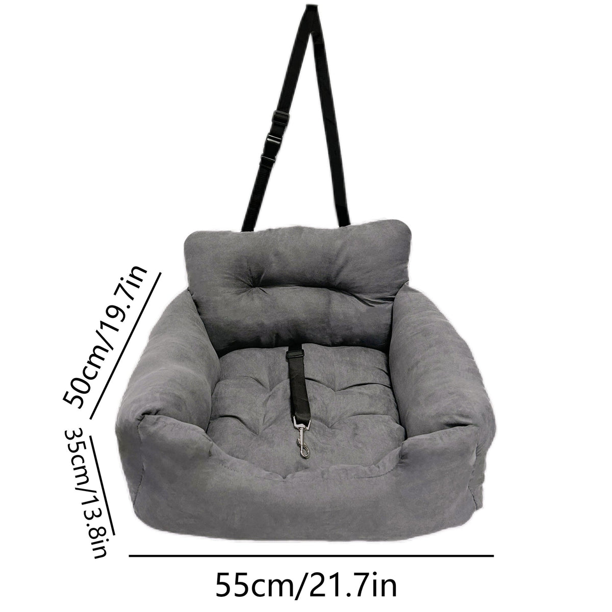 Gray plush dog car seat bed with 55 x 50 x 35 cm dimensions