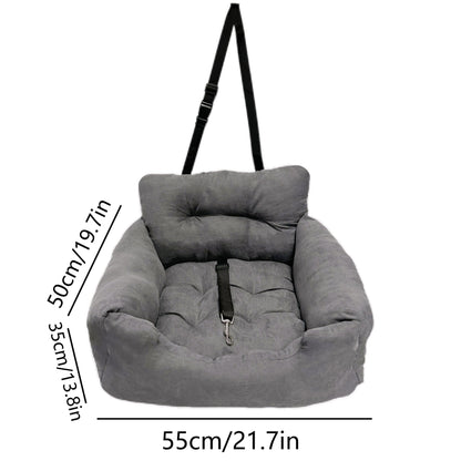 Gray plush dog car seat bed with 55 x 50 x 35 cm dimensions