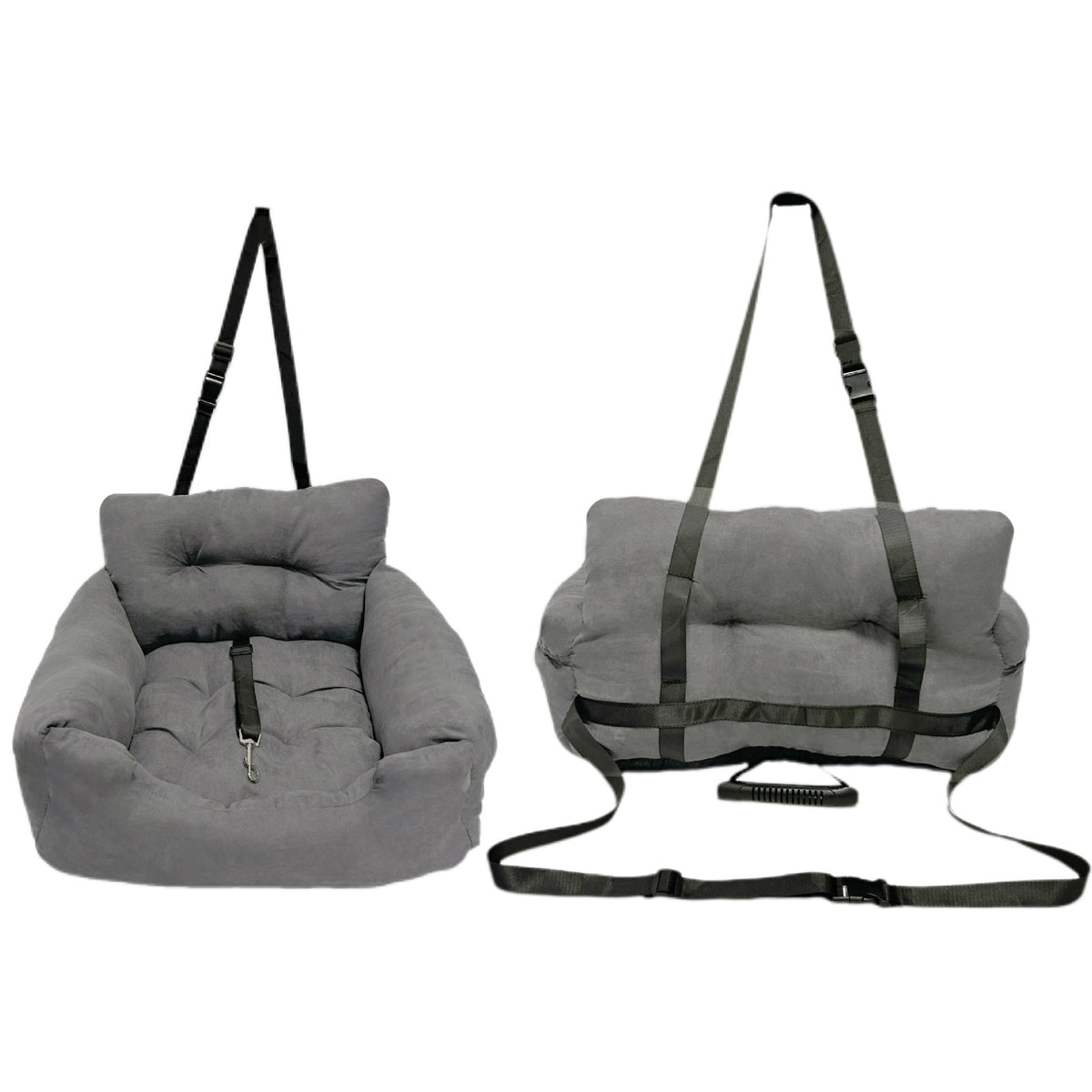 Front and back views of the plush dog seat bed showing straps