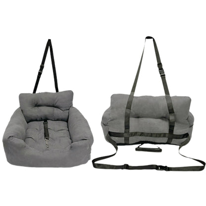 Front and back views of the plush dog seat bed showing straps